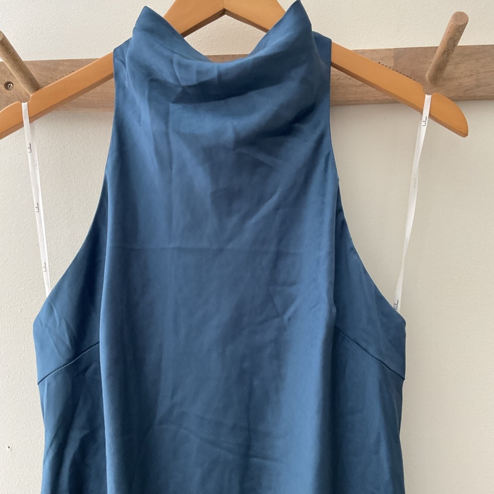 Lulus Exceptional Status Blue Halter Backless Slip Satin Tie-Neck Midi Dress NWT - Picture 6 of 15